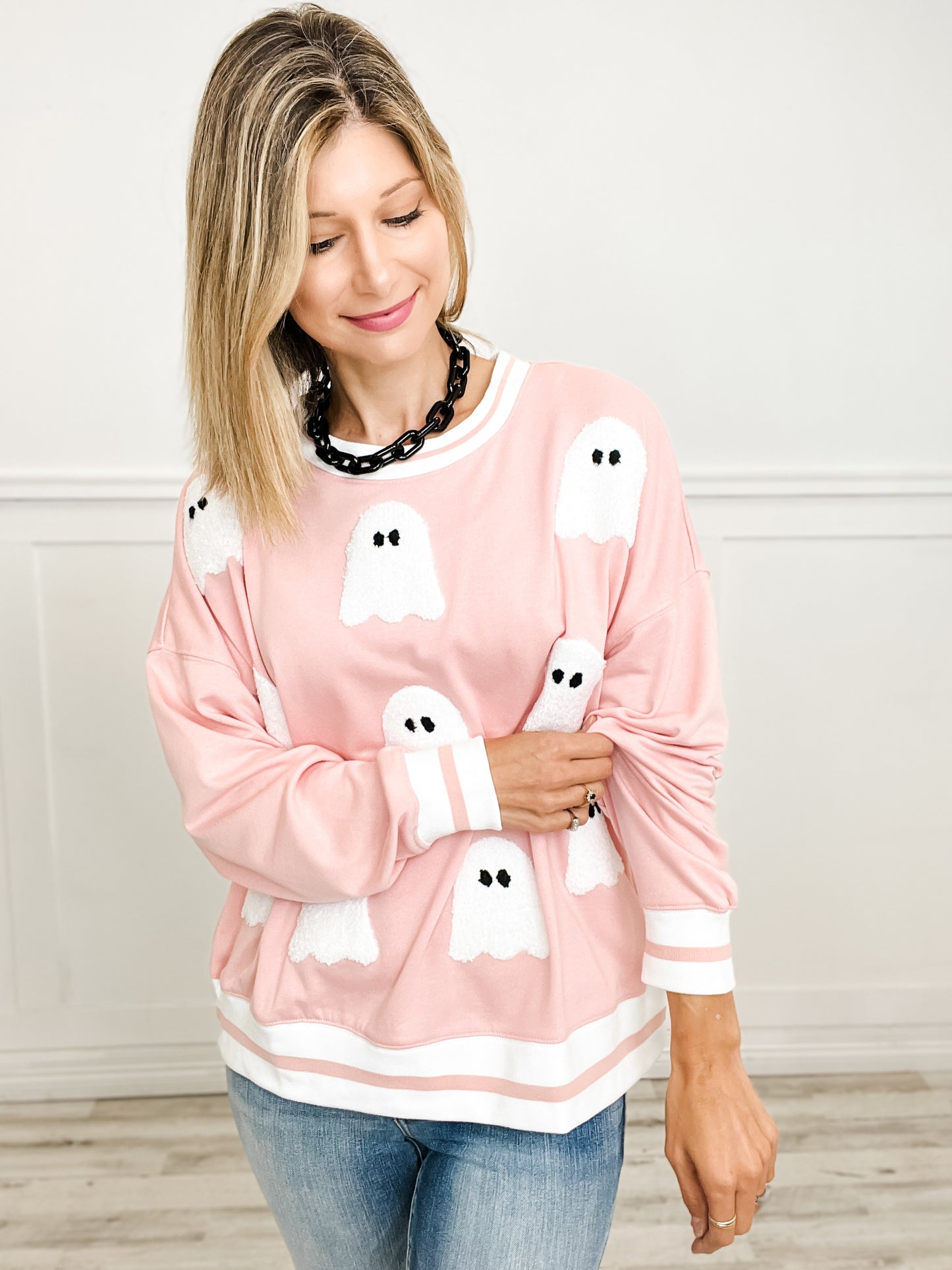 Boo Towel Embroidery Stripe Rib Band Sweatshirt