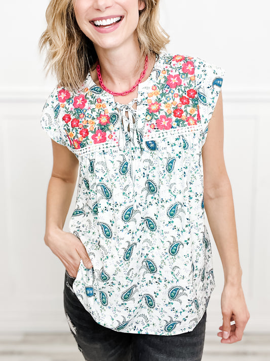 Stormy Night Paisley Printed Top with Floral Embroidery