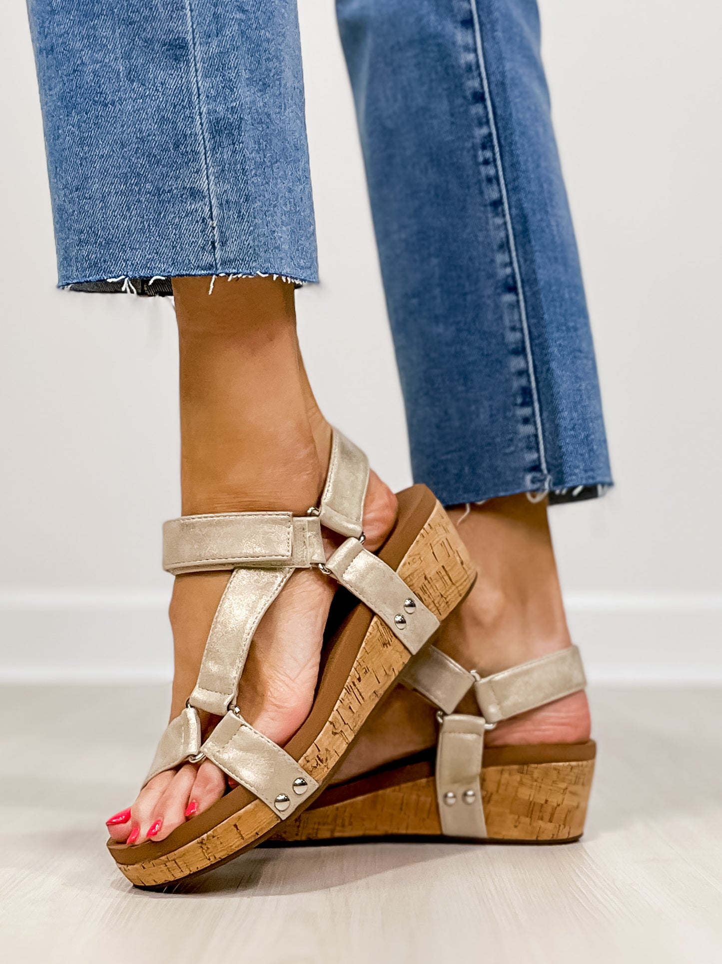 Corkys Don't Tempt Me Wedges in GOLD WASH METALLIC