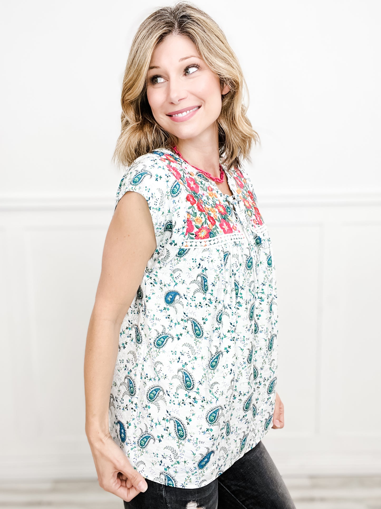 Stormy Night Paisley Printed Top with Floral Embroidery