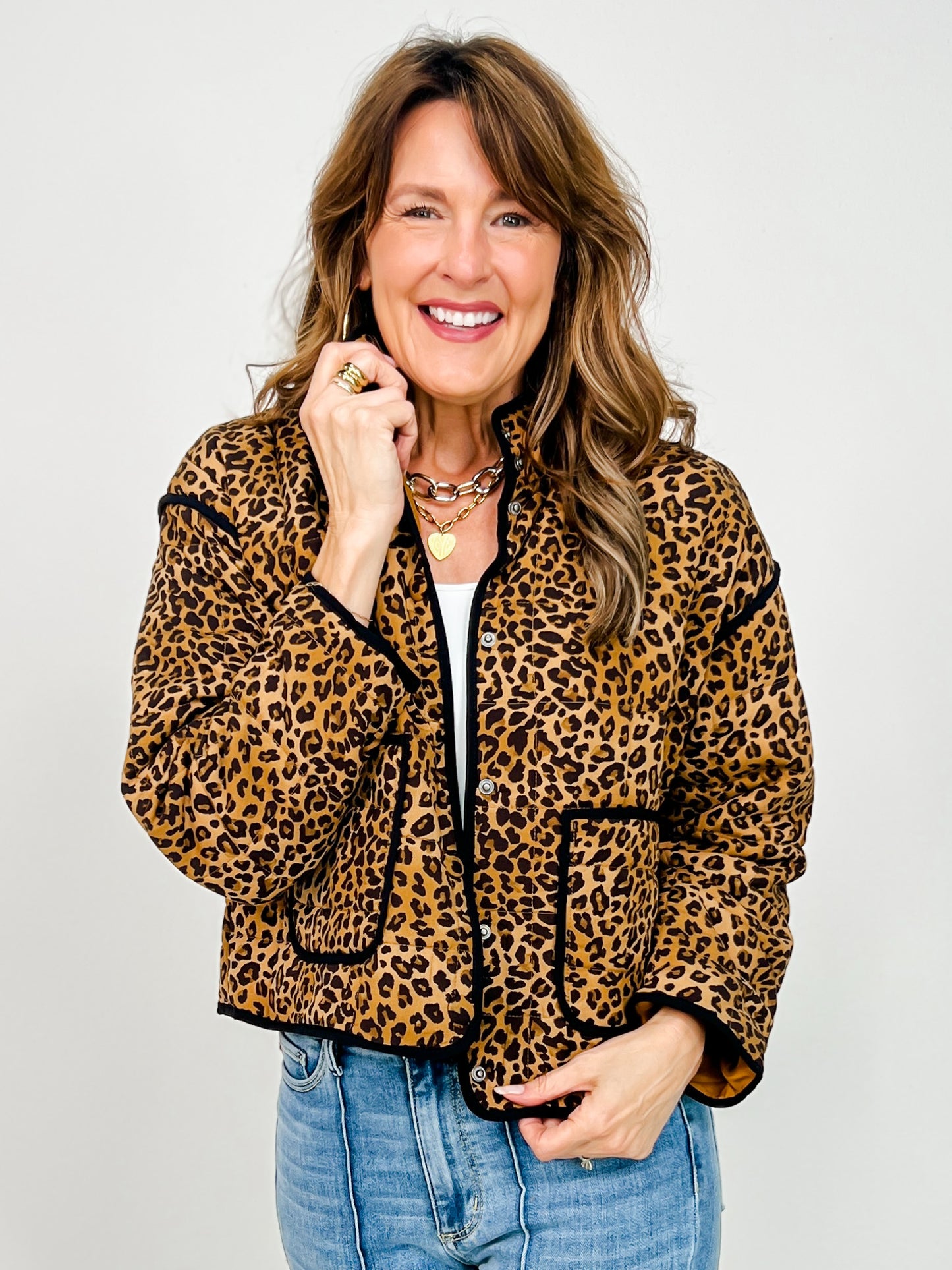 Quilted Leopard Button Down Puffer Jacket