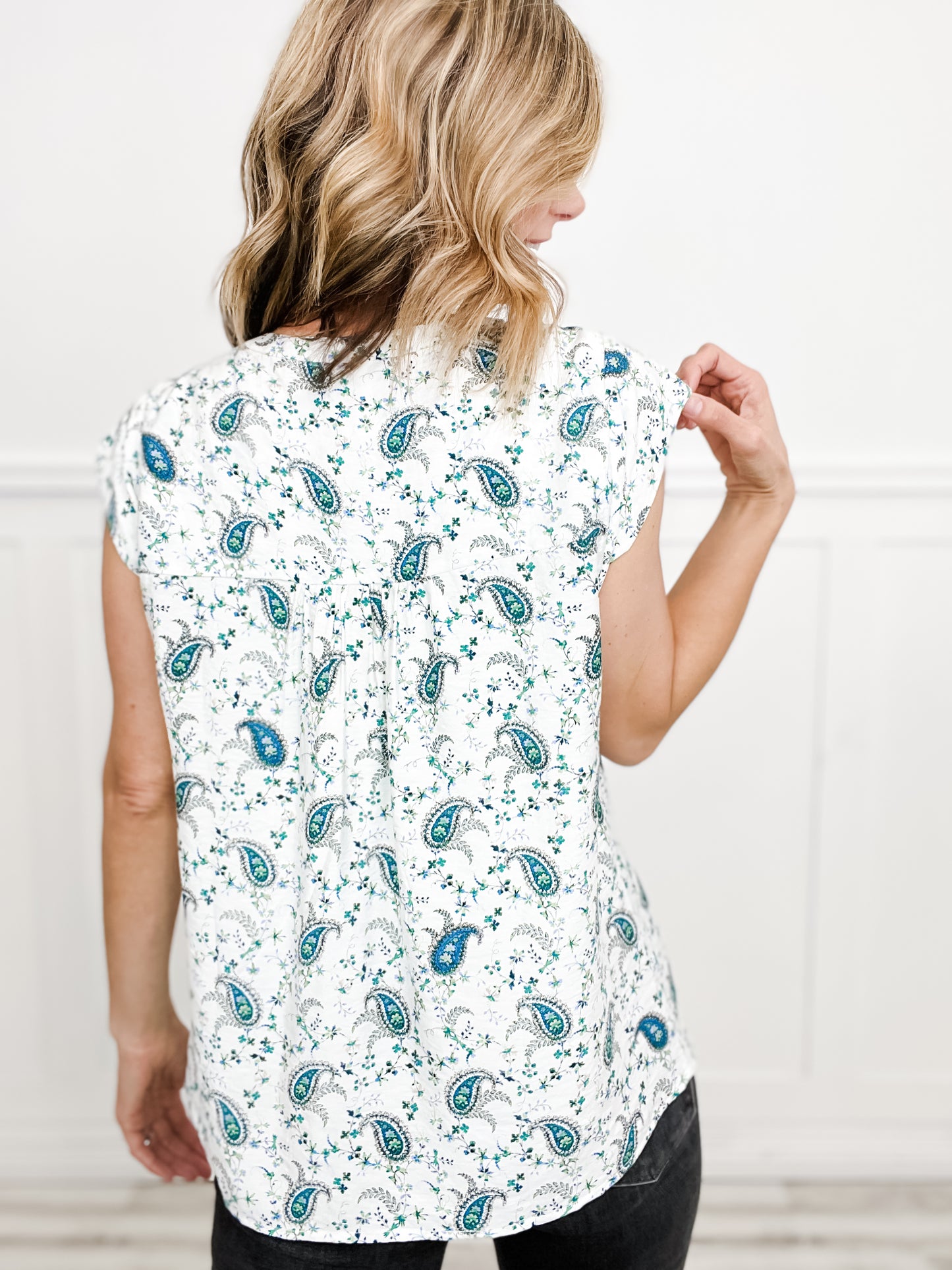 Stormy Night Paisley Printed Top with Floral Embroidery