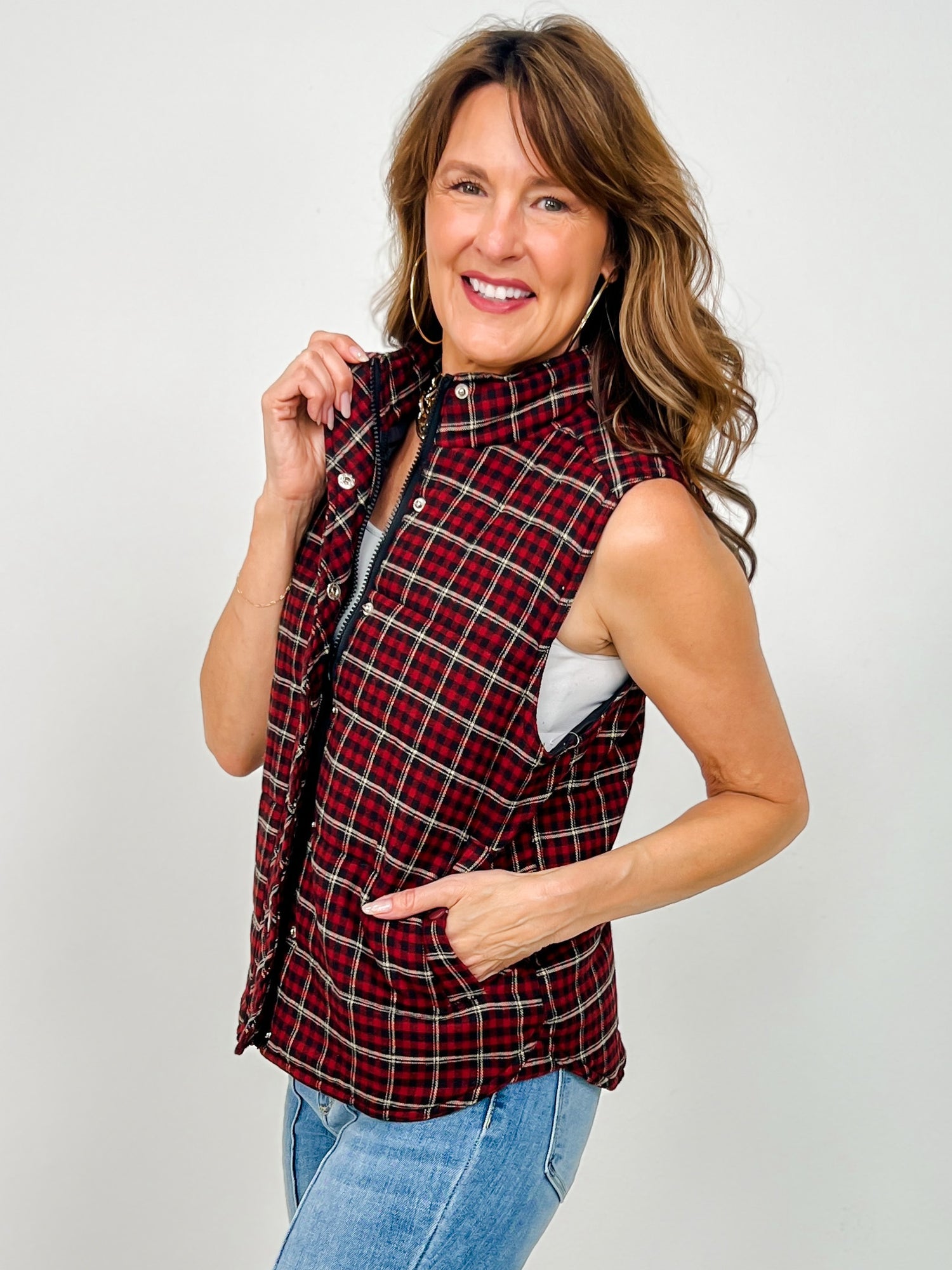 Mock Neck Plaid Puffer Snap Button Vest – Emma Lou's Boutique