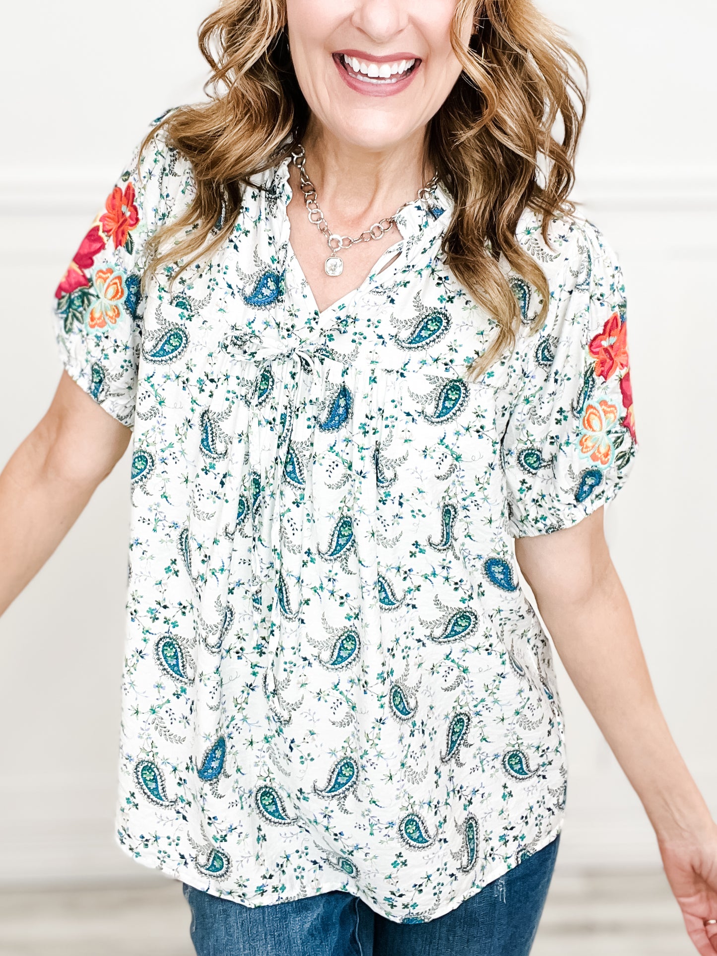 Floral Paisley Babydoll Top with Embroidery