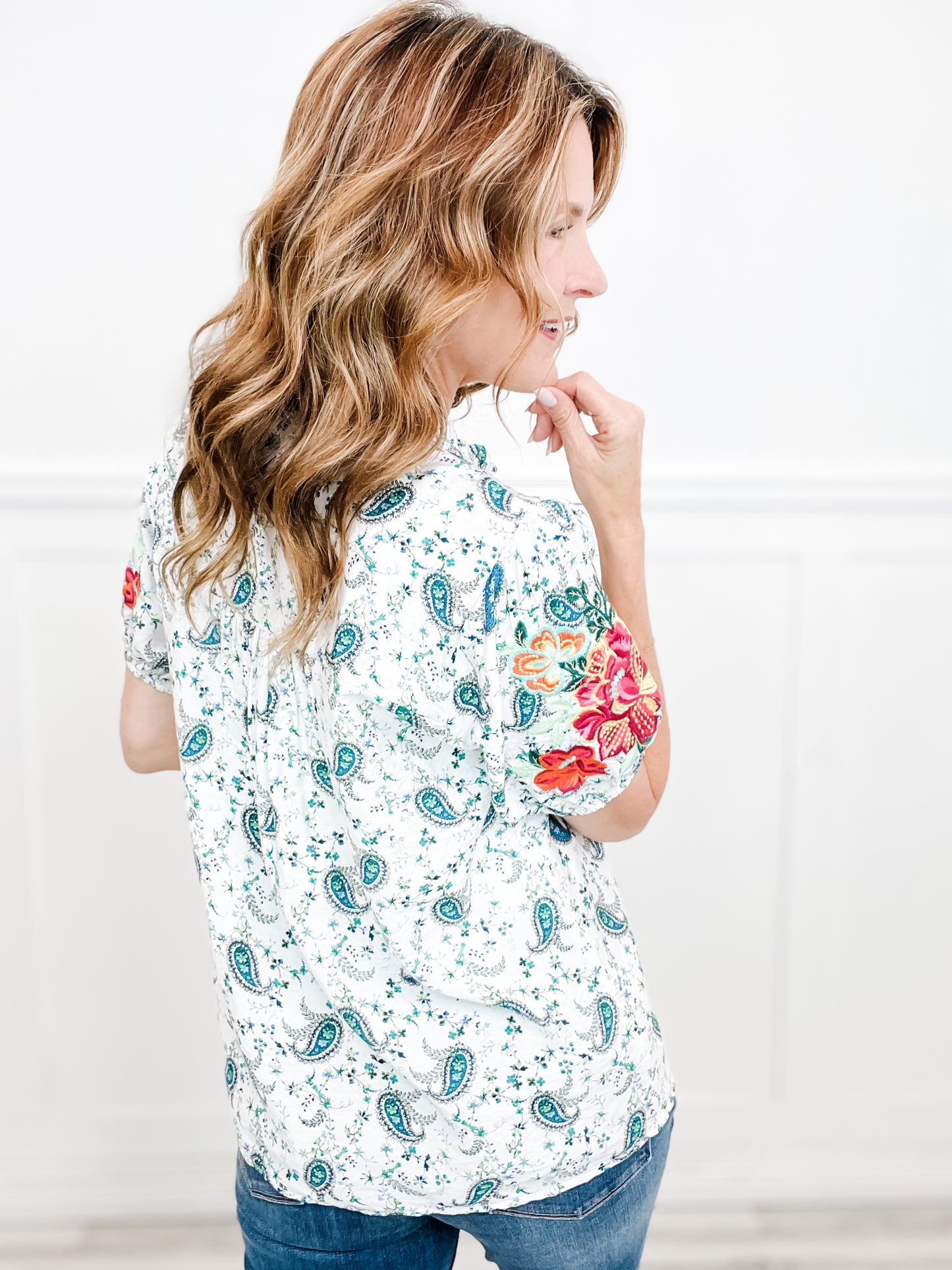 Floral Paisley Babydoll Top with Embroidery