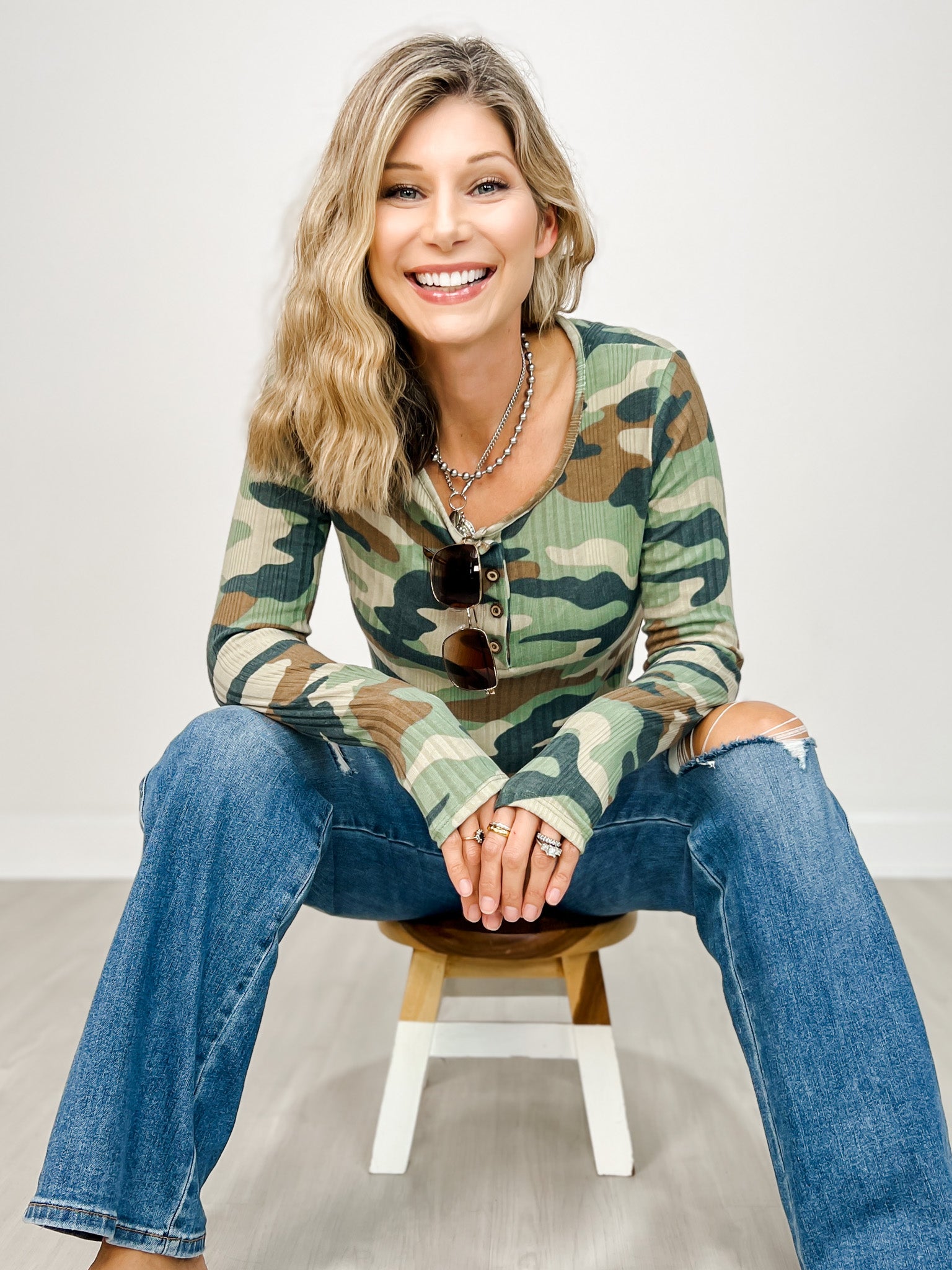 Long Sleeve Camo Print Henley Style Top