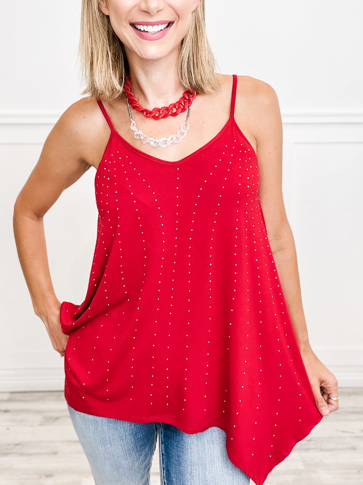 Rhinestone Shark Bite Cami Knit Top with Adjustable Straps