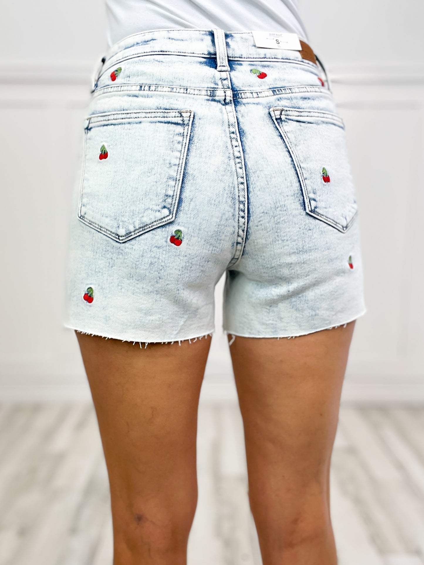 Judy Blue High Waisted Cherry Embroidery Acid Wash Jean Short