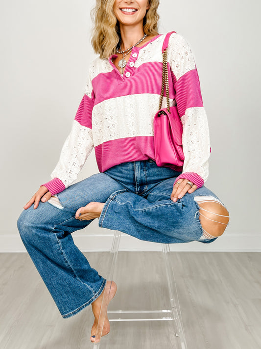 Lace Contrast Color Block Half Button Pullover Top