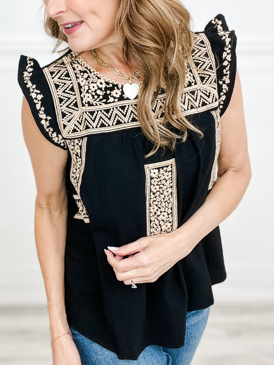 Flutter Sleeve Top with Aztec Print Embroidery and Lace Detail Neckline