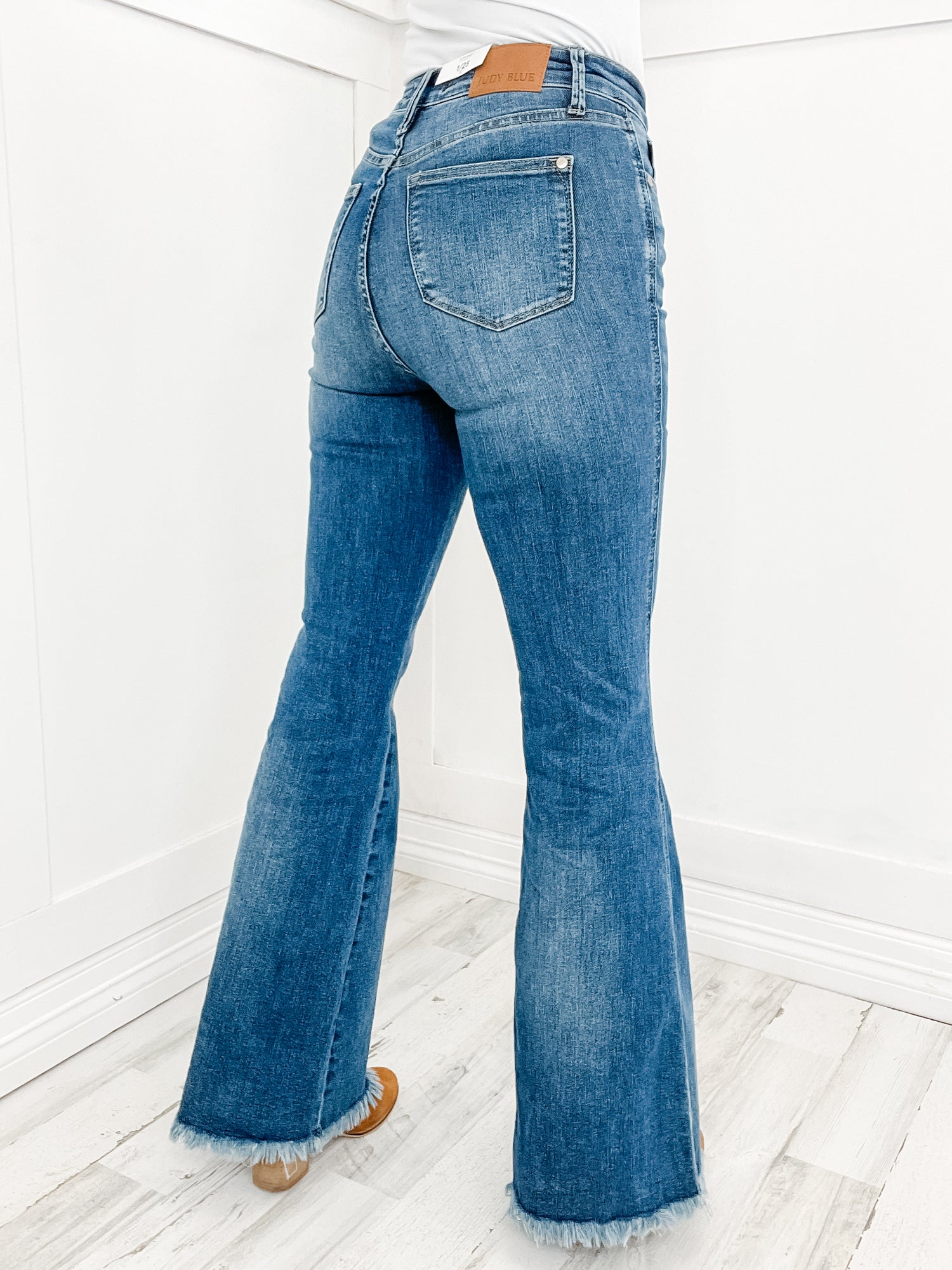 Judy Blue "Laguna" Hi-Rise Tummy Control Frayed Hem Flare Denim Jeans