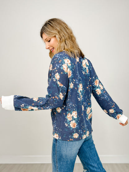 Ribbed Floral Print Pullover Top