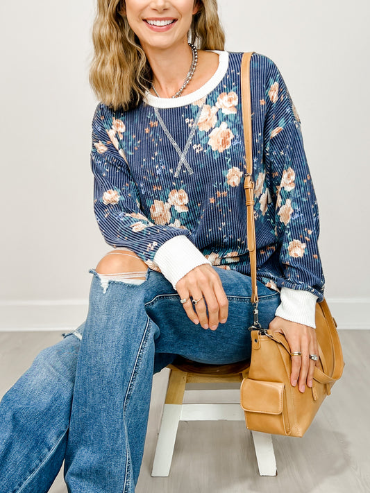 Ribbed Floral Print Pullover Top
