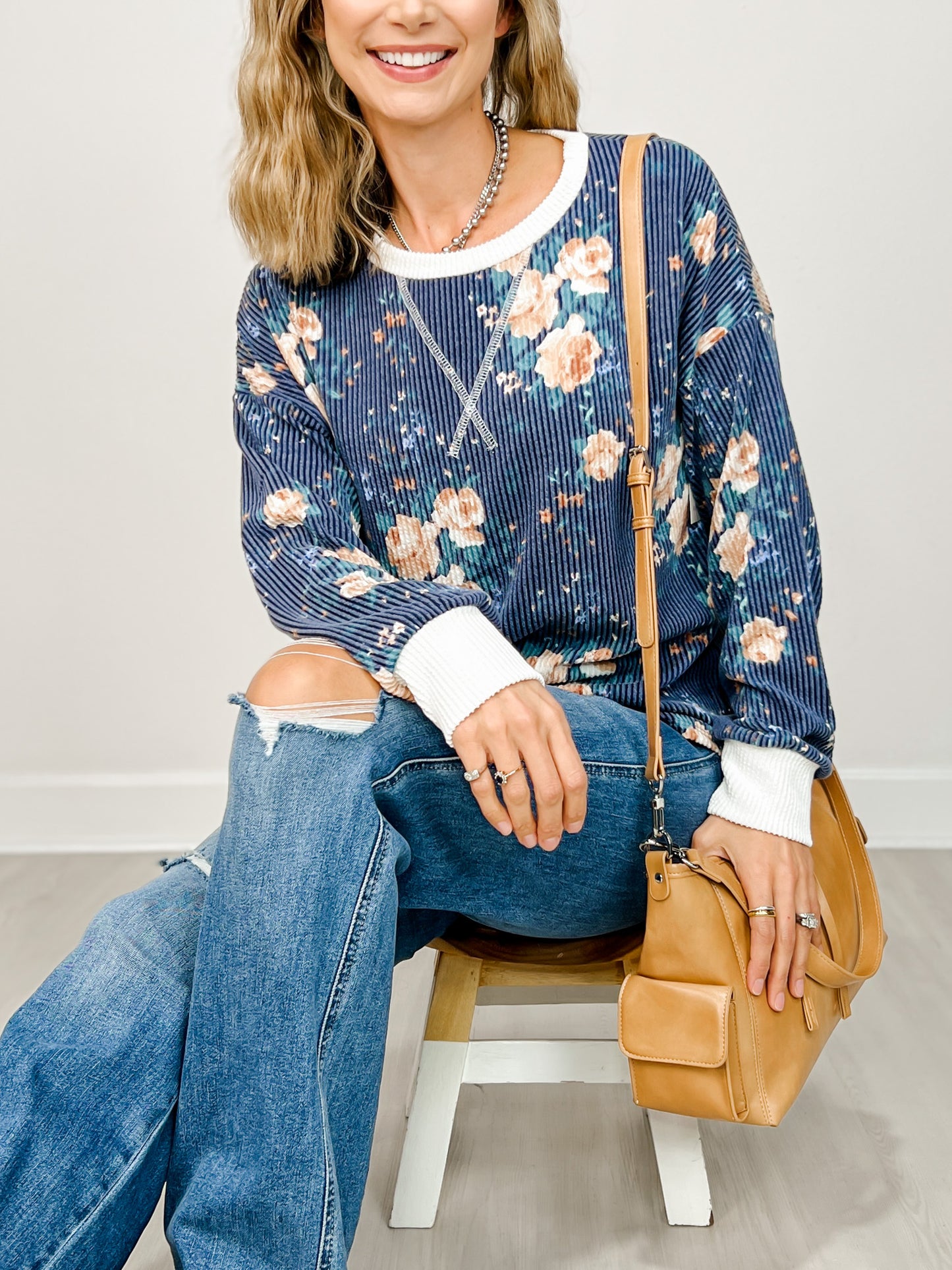 Ribbed Floral Print Pullover Top