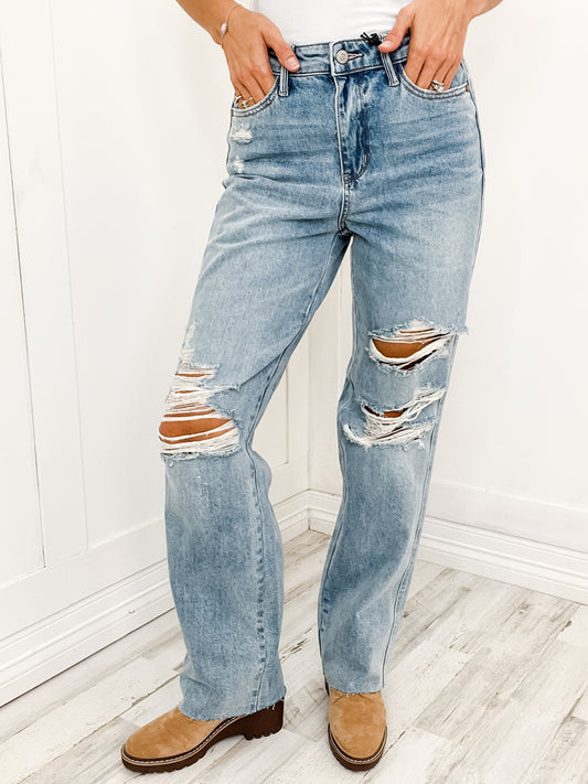 Judy Blue "Gibson" Hi-Rise Rigid Magic 90's Distressed Straight Denim Jeans