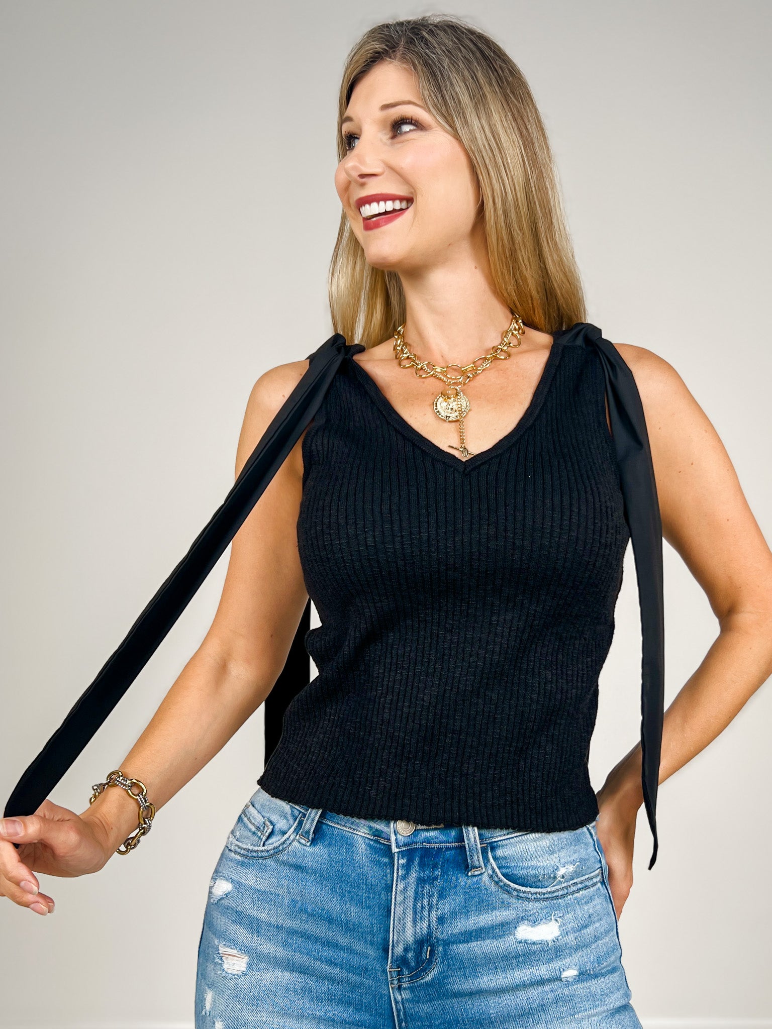 Shoulder Tie Sleeveless Solid Knit Top