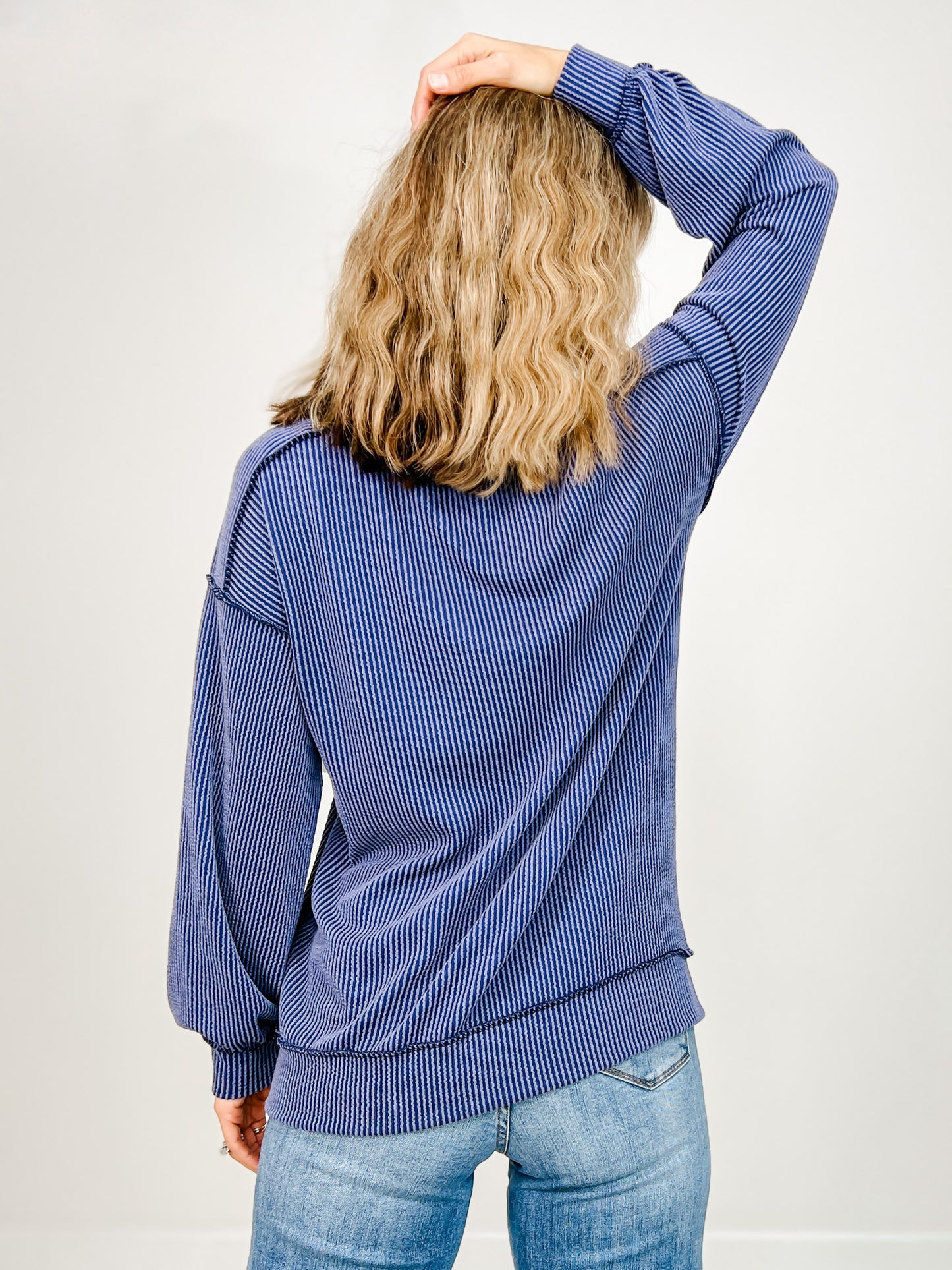 Long Sleeve Ribbed Pullover Top with Kangaroo Pocket