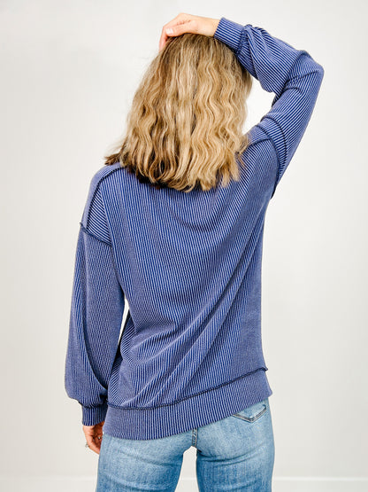 Long Sleeve Ribbed Pullover Top with Kangaroo Pocket