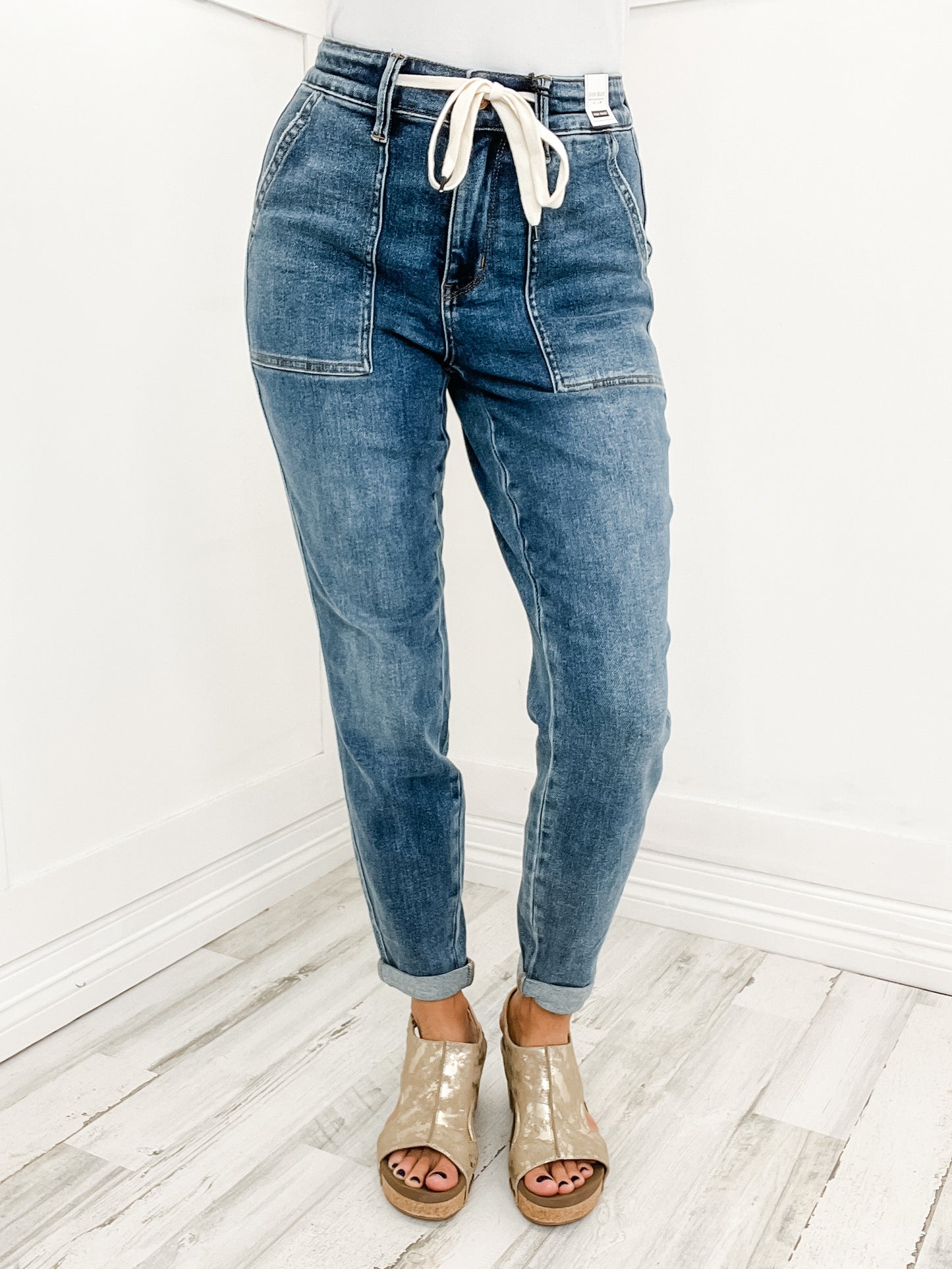 Judy Blue "Alanis" Hi-Rise Elastic Drawstring Cuffed Jogger Denim Jeans