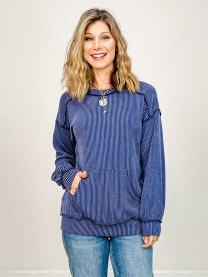 Long Sleeve Ribbed Pullover Top with Kangaroo Pocket