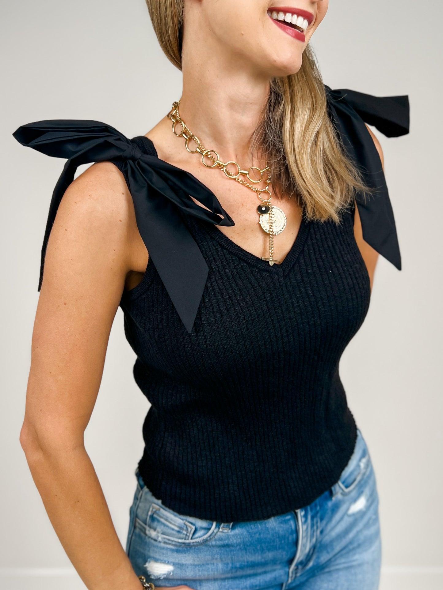 Shoulder Tie Sleeveless Solid Knit Top