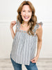 Denim Like Striped Square Neckline Sleeveless Top with Embroidery Detail