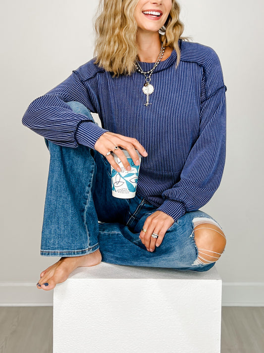 Long Sleeve Ribbed Pullover Top with Kangaroo Pocket