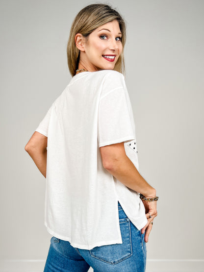 Star Patch with Metallic Detail Short Sleeve Solid Knit Top