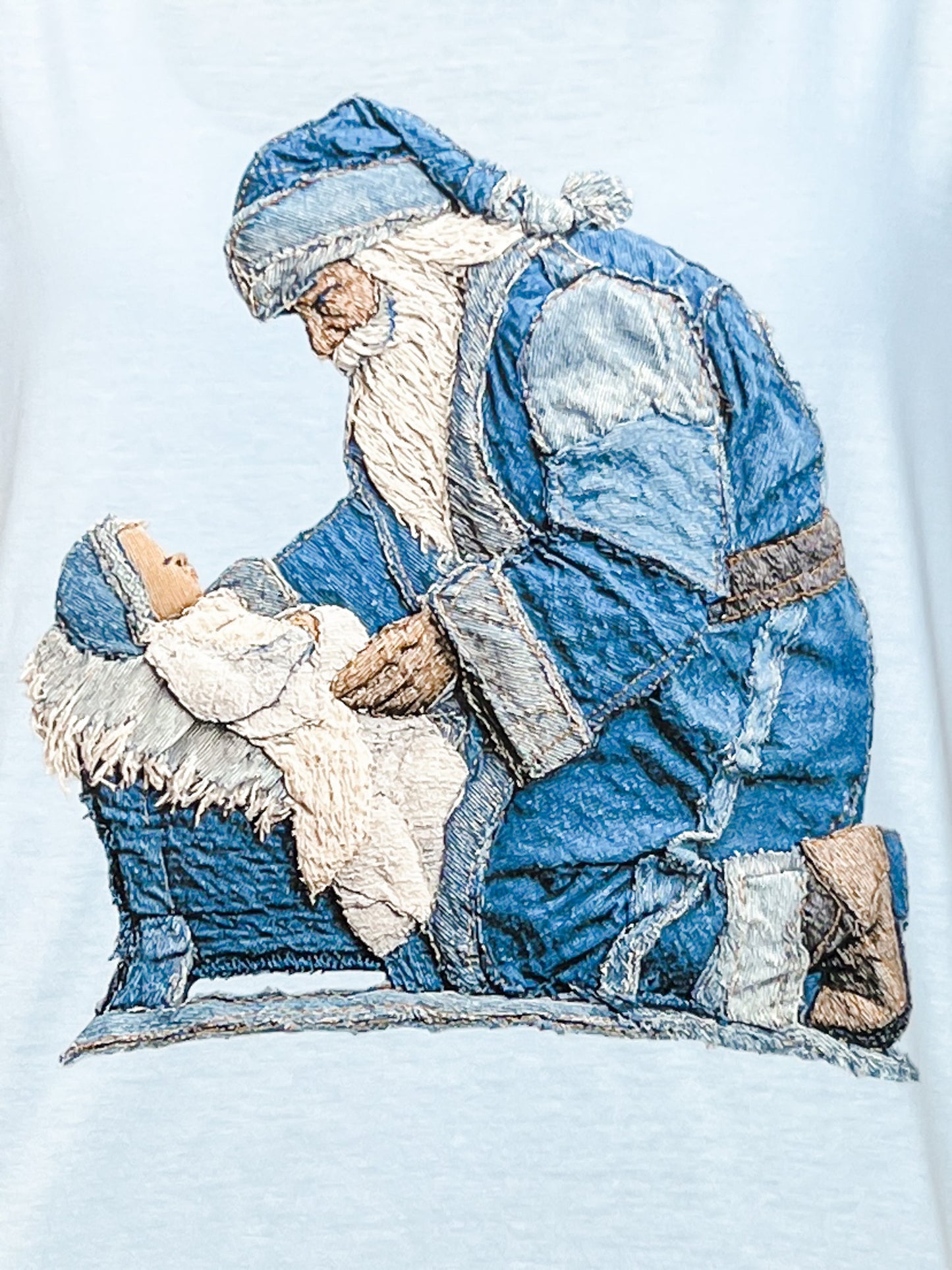 Stitched Denim Santa and Baby Jesus Graphic Tee