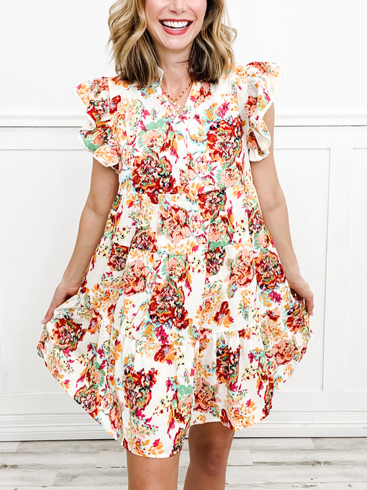 Floral Print A-Line Tiered Short Dress with Double Flutter Sleeves