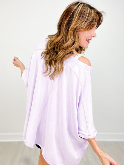 Extended Shoulder Crew Neck Short Sleeve Top with Star Print