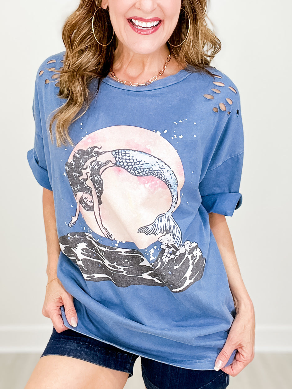 Mineral Washed Short Sleeve Mermaid Screen Print Top