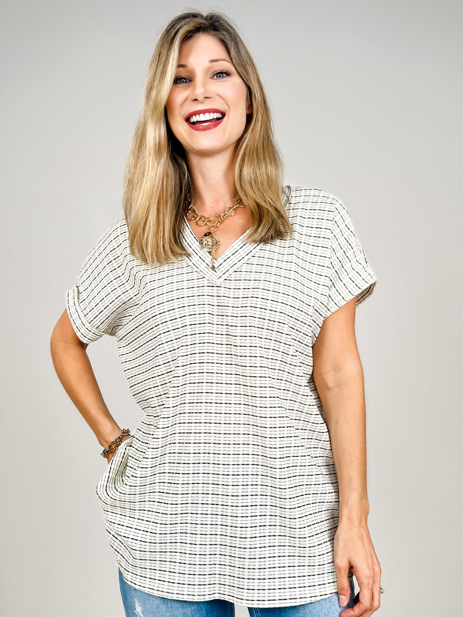 Short Sleeve V-Neck Textured Checkered Knit Top