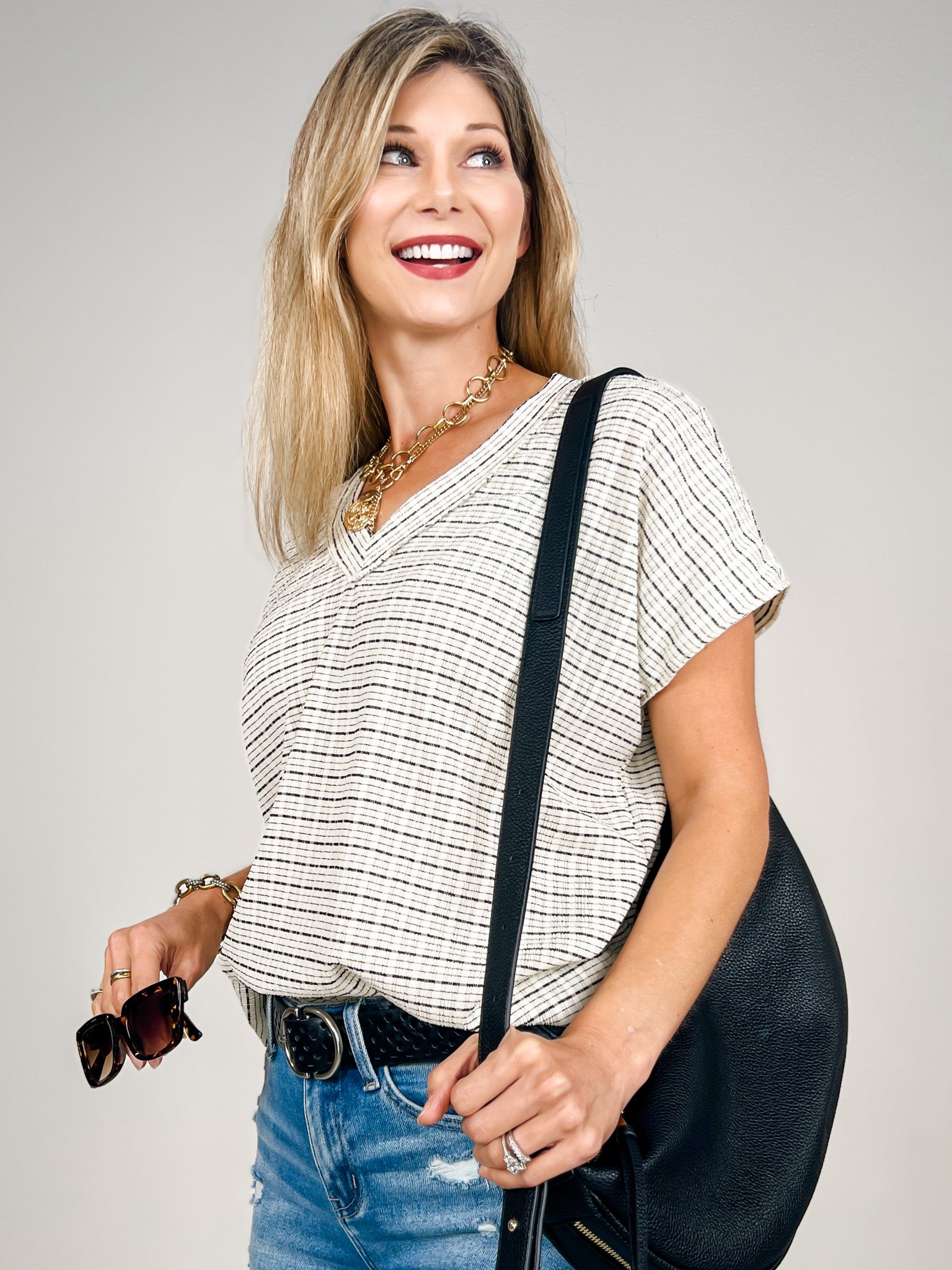 Short Sleeve V-Neck Textured Checkered Knit Top