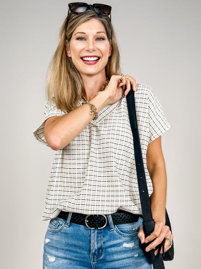 Short Sleeve V-Neck Textured Checkered Knit Top