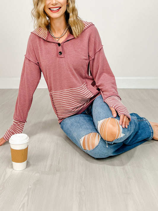 Stripe Contrast Button Neckline Hooded Pullover