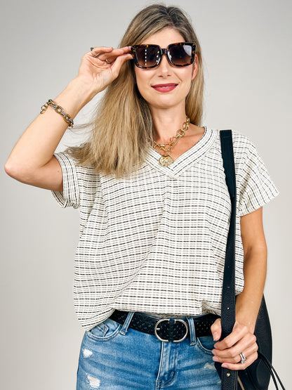 Short Sleeve V-Neck Textured Checkered Knit Top
