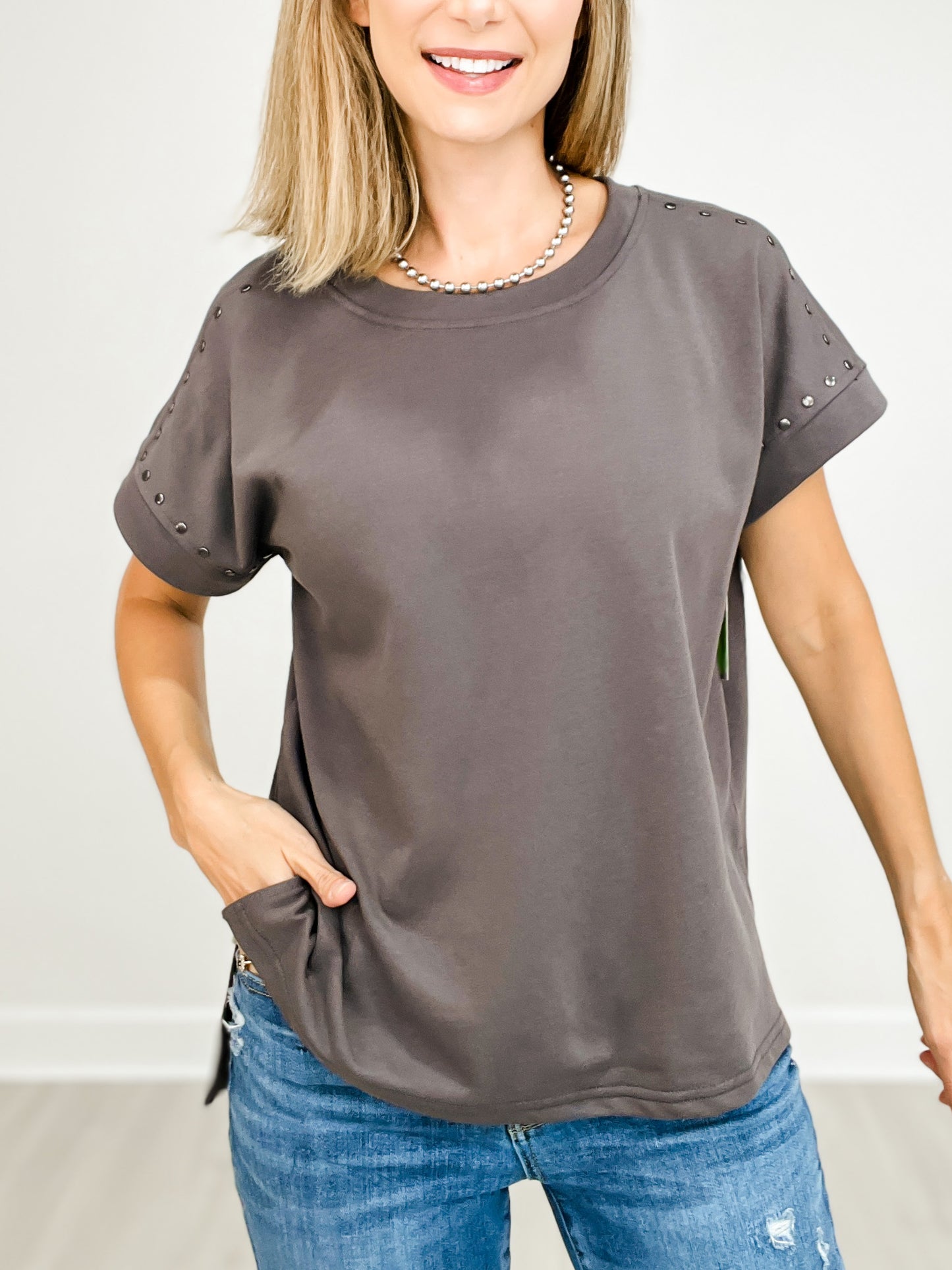 Short Sleeve Round Neck Top with Metallic Rivet Shoulder Details