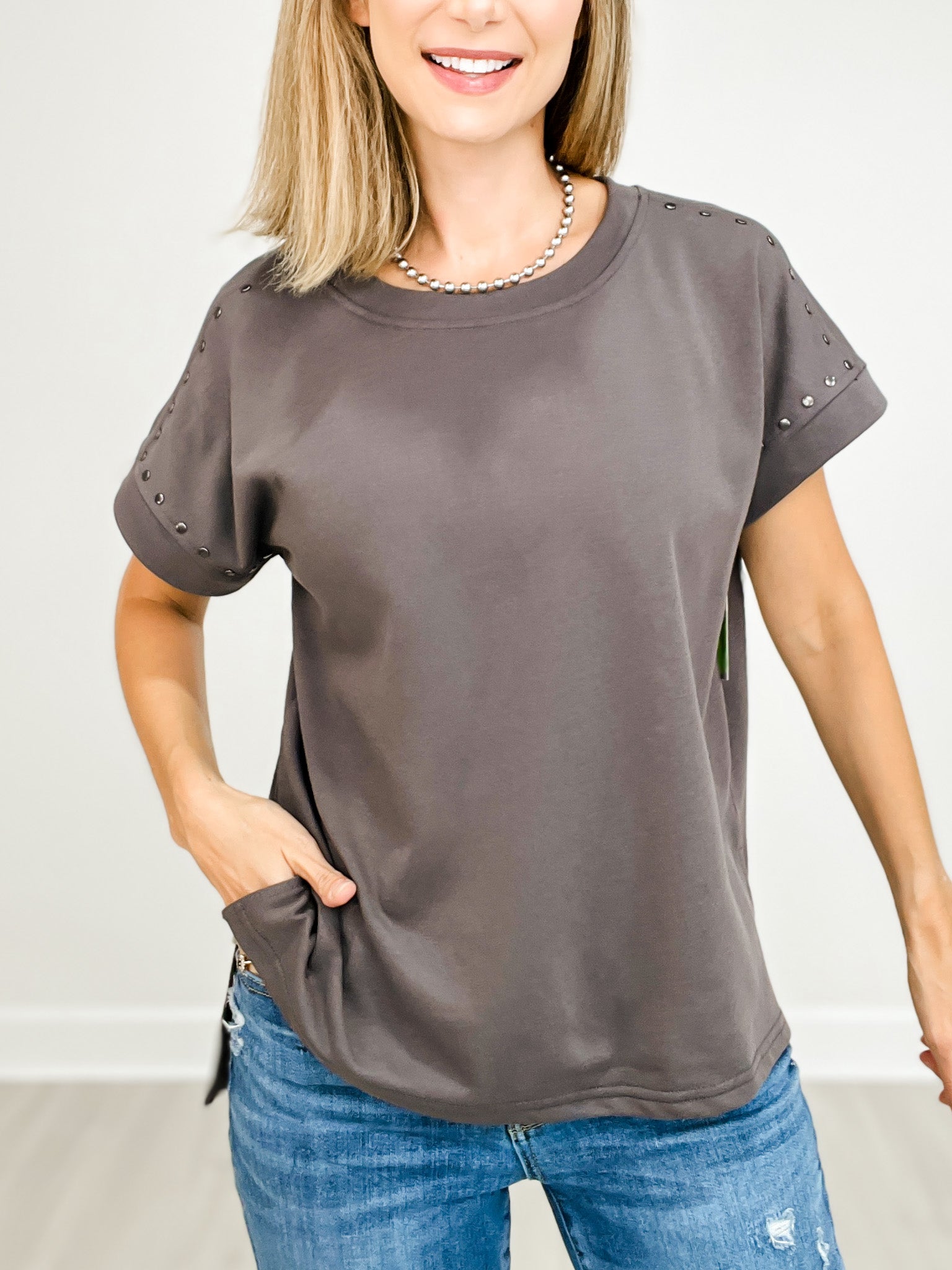 Short Sleeve Round Neck Top with Metallic Rivet Shoulder Details