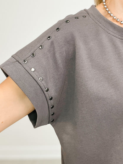 Short Sleeve Round Neck Top with Metallic Rivet Shoulder Details
