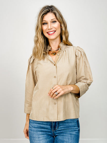 Front Button Closure Striped Top with Stand Up Collar
