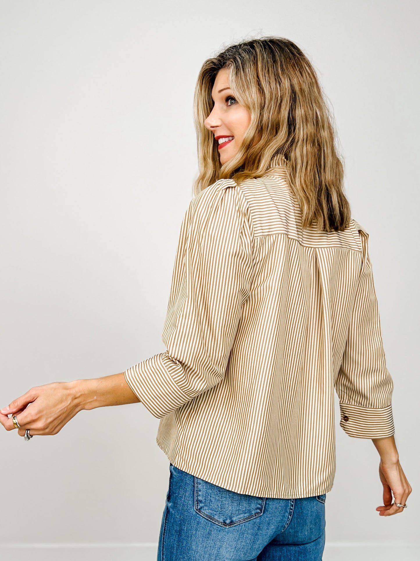 Front Button Closure Striped Top with Stand Up Collar