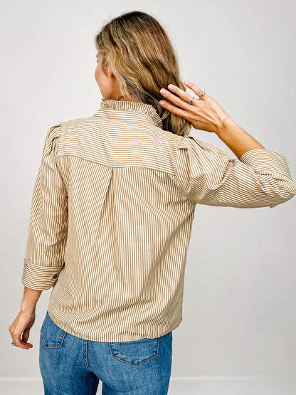 Front Button Closure Striped Top with Stand Up Collar