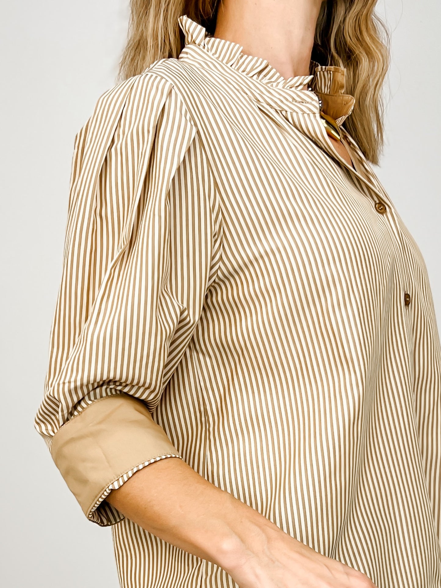 Front Button Closure Striped Top with Stand Up Collar