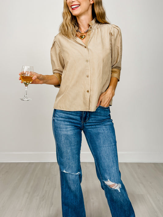 Front Button Closure Striped Top with Stand Up Collar