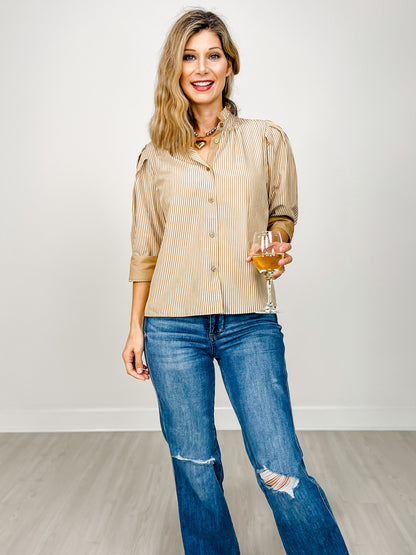 Front Button Closure Striped Top with Stand Up Collar