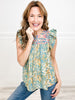 Aztec Embroidered Top with Flutter Sleeves and Round Neckline