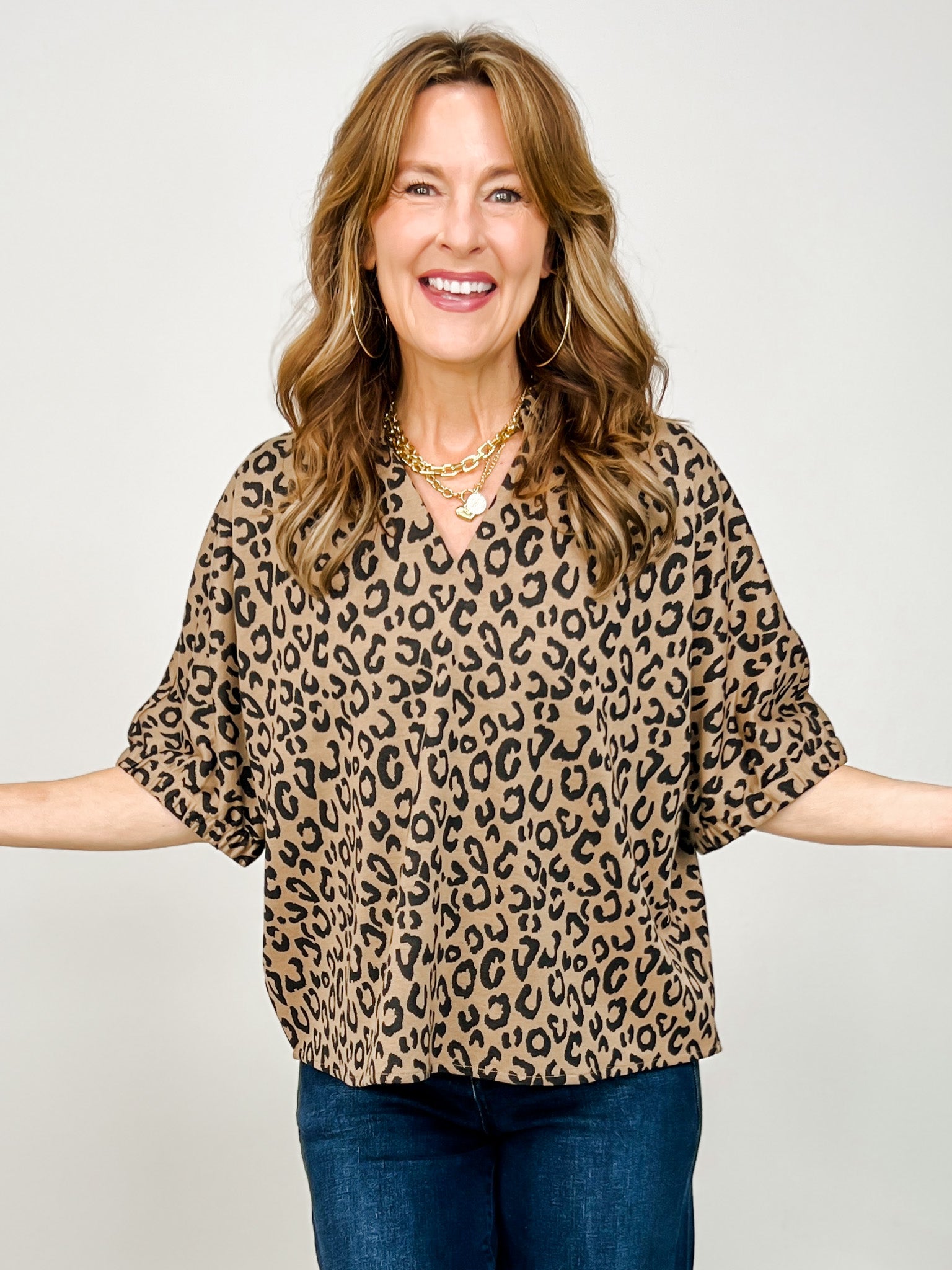 Drop Shoulder Loose Fit Leopard Top with Collar
