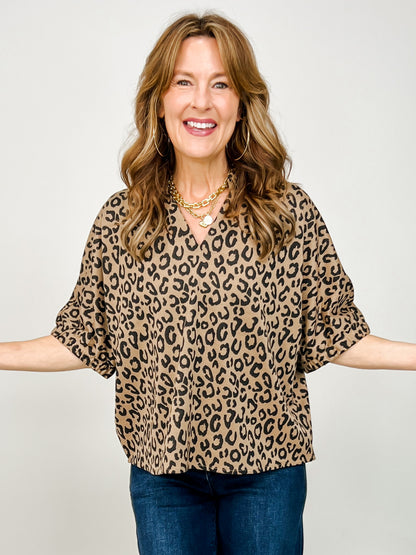 Drop Shoulder Loose Fit Leopard Top with Collar