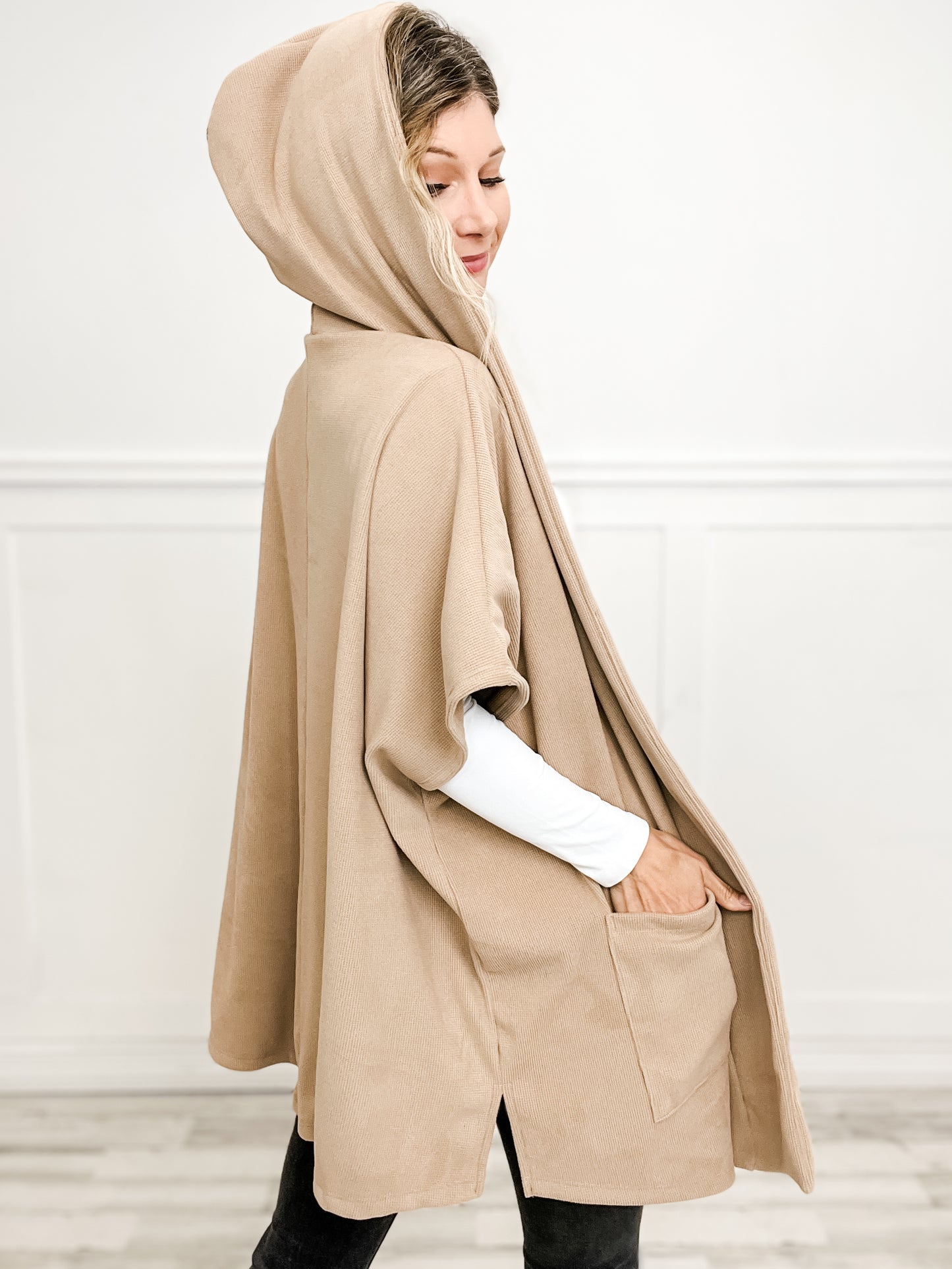 Hooded fleece waffle cape